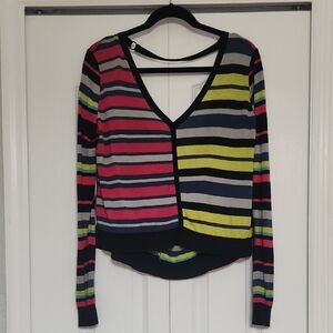 BCBGMaxAzria Striped V‑Neck Cardigan in Pink, Yellow & Navy